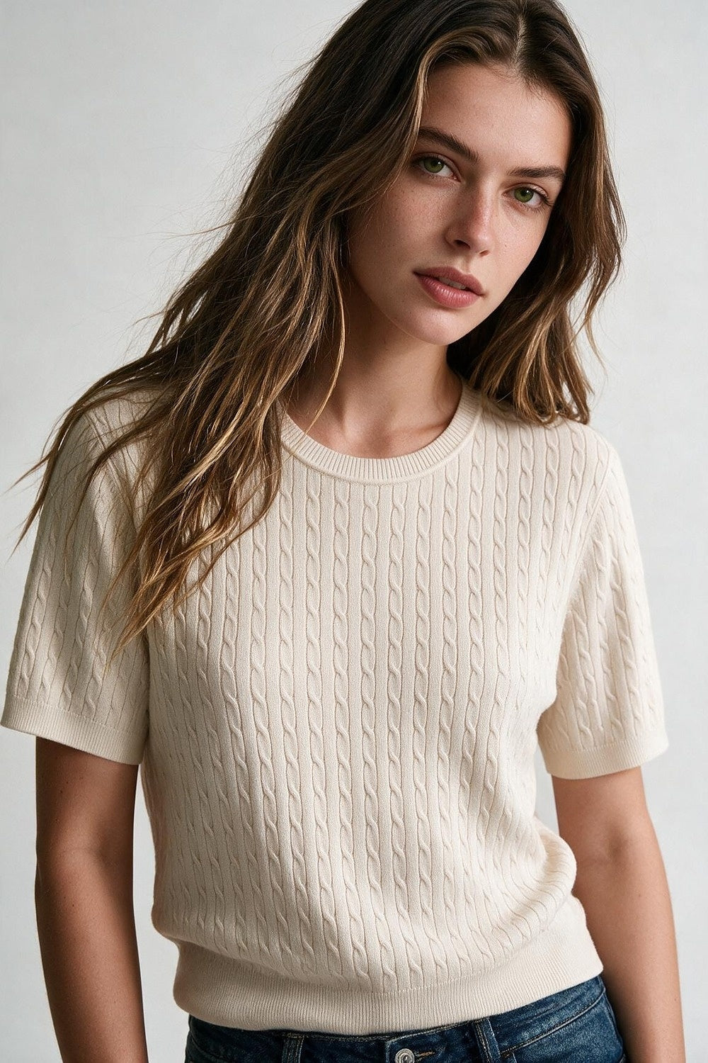 Cream Cable Knit Crew Neck Ribbed Short Sleeve Sweater - Tops