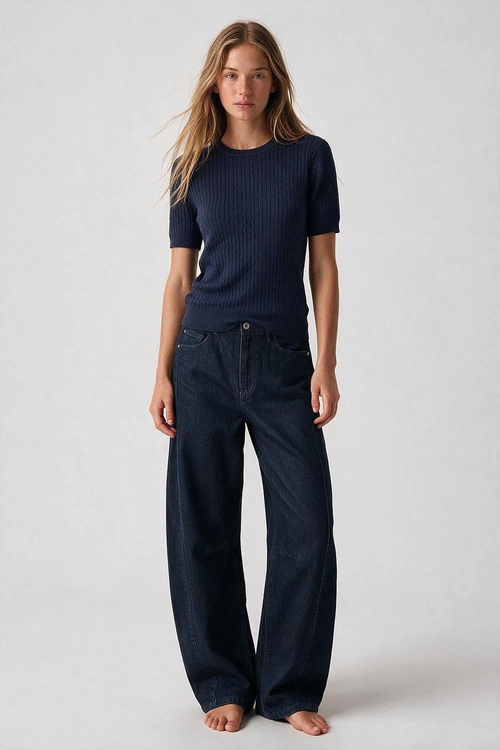 Navy Cable Knit Crew Neck Short Sleeve Sweater - Tops