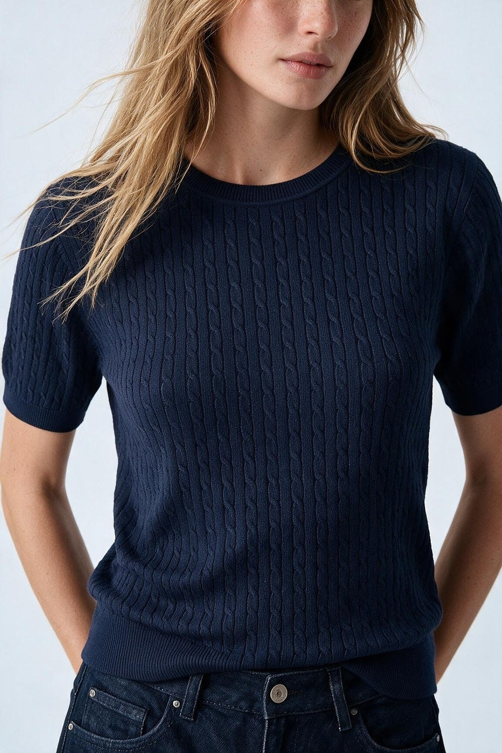 Navy Cable Knit Crew Neck Short Sleeve Sweater