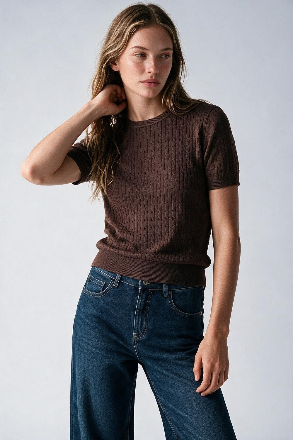 Brown Cable Knit Crew Neck Short Sleeve Sweater - Tops