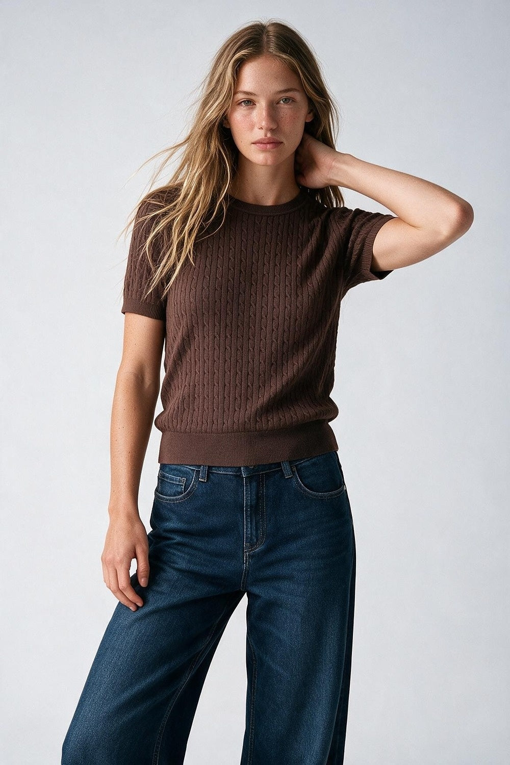Brown Cable Knit Crew Neck Short Sleeve Sweater - Tops