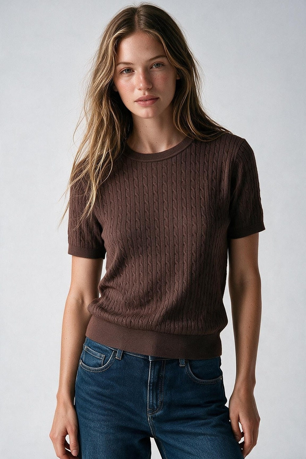 Brown Cable Knit Crew Neck Short Sleeve Sweater - Tops
