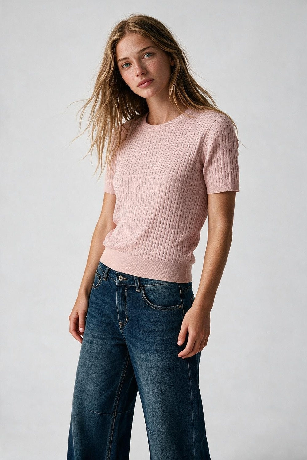 Powder Pink Cable Knit Crew Neck Short Sleeve Sweater - Tops