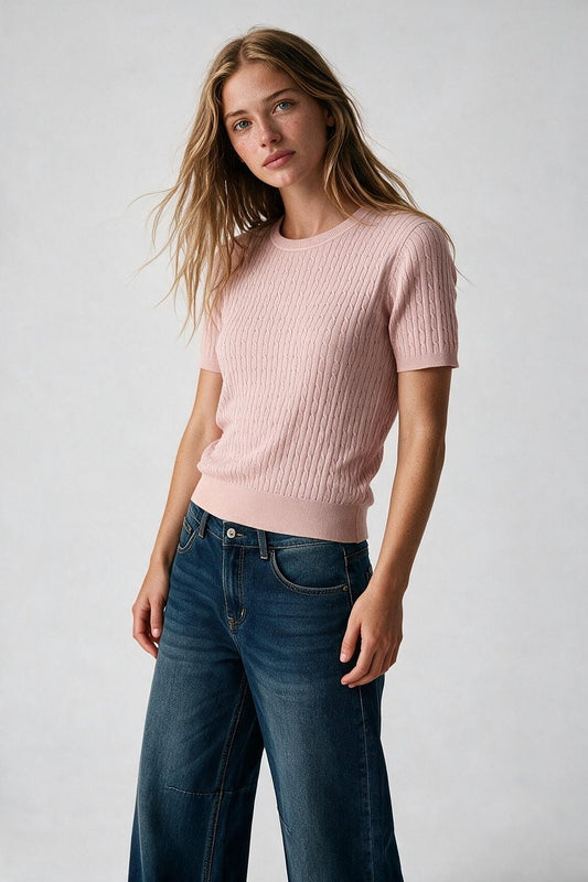 Powder Pink Cable Knit Crew Neck Short Sleeve Sweater - Tops