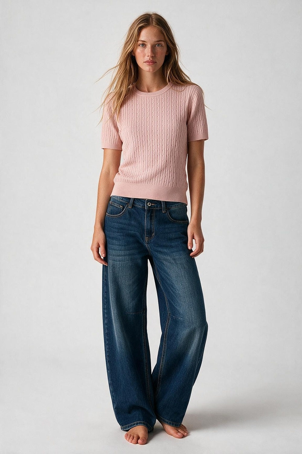 Powder Pink Cable Knit Crew Neck Short Sleeve Sweater - Tops