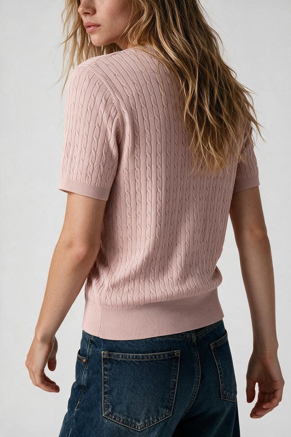 Powder Pink Cable Knit Crew Neck Short Sleeve Sweater - Tops