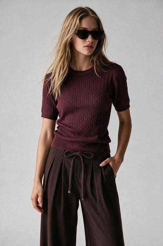 purple Cable Knit Ribbed Crew Neck Short Sleeve Sweater - Tops