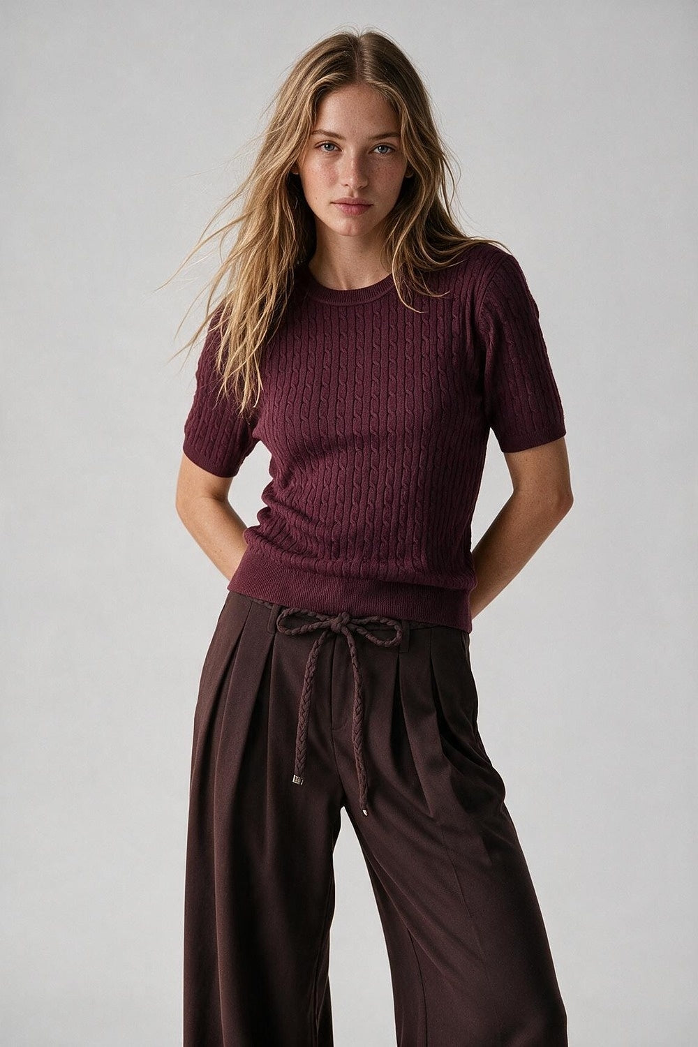 purple Cable Knit Ribbed Crew Neck Short Sleeve Sweater - Tops