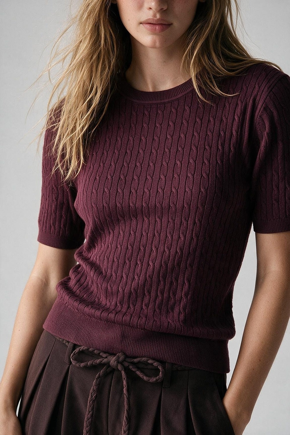 purple Cable Knit Ribbed Crew Neck Short Sleeve Sweater - Tops