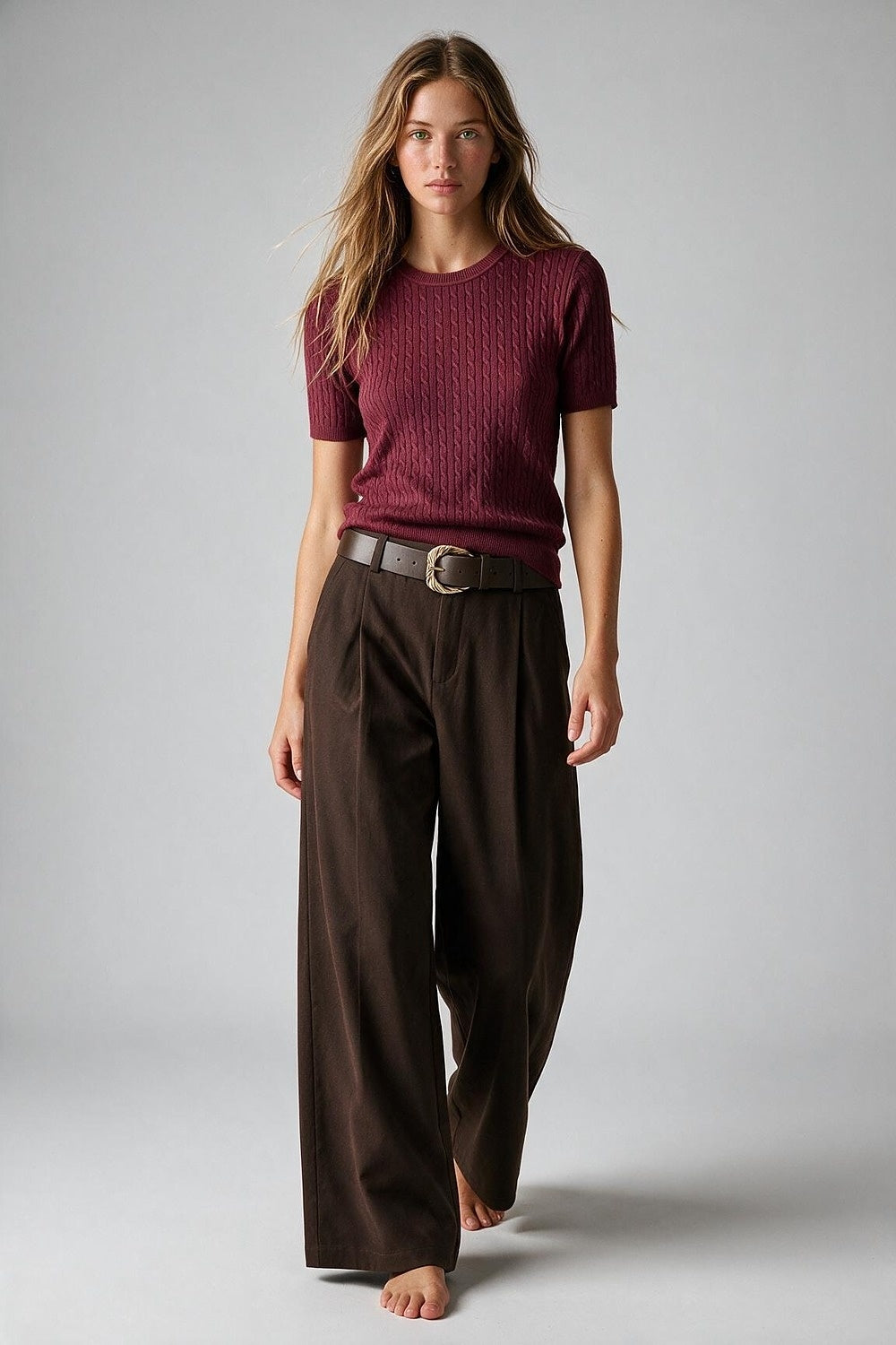 wine Cable Knit Crew Neck Short Sleeve Sweater - Tops