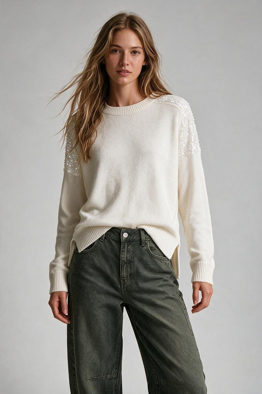 White Long Sleeves Sweater With Sequins on The Shoulders - Jumpers