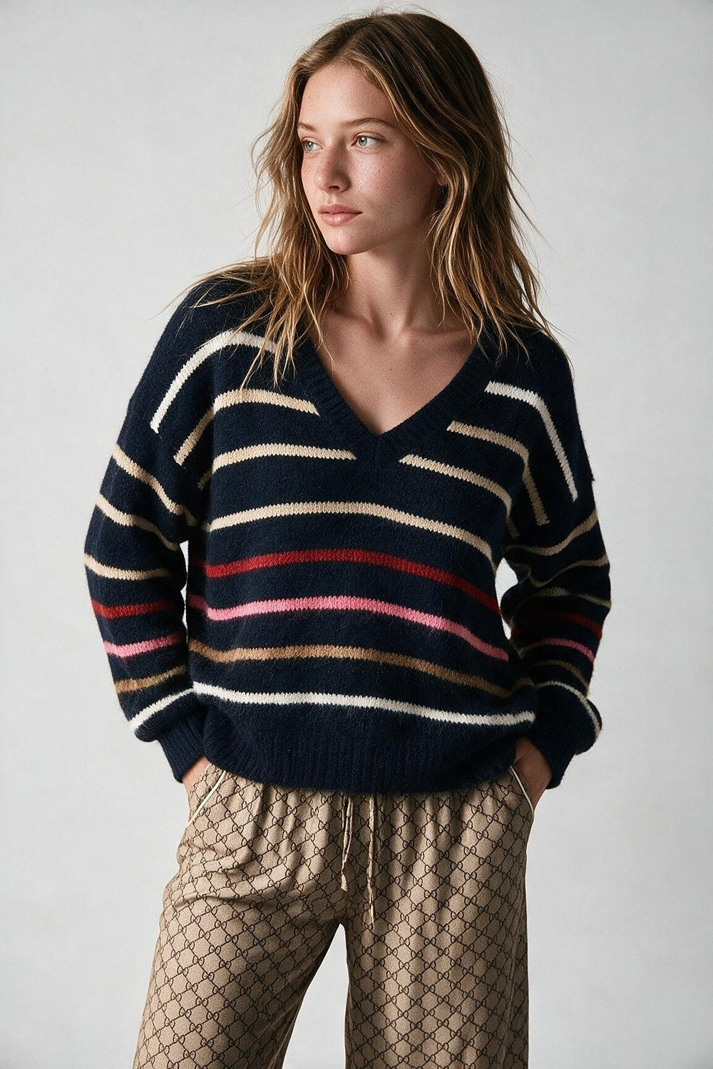 Navy Multicolor Fluffy Knit V-Neck Stripe Relaxed Sweater - Jumpers