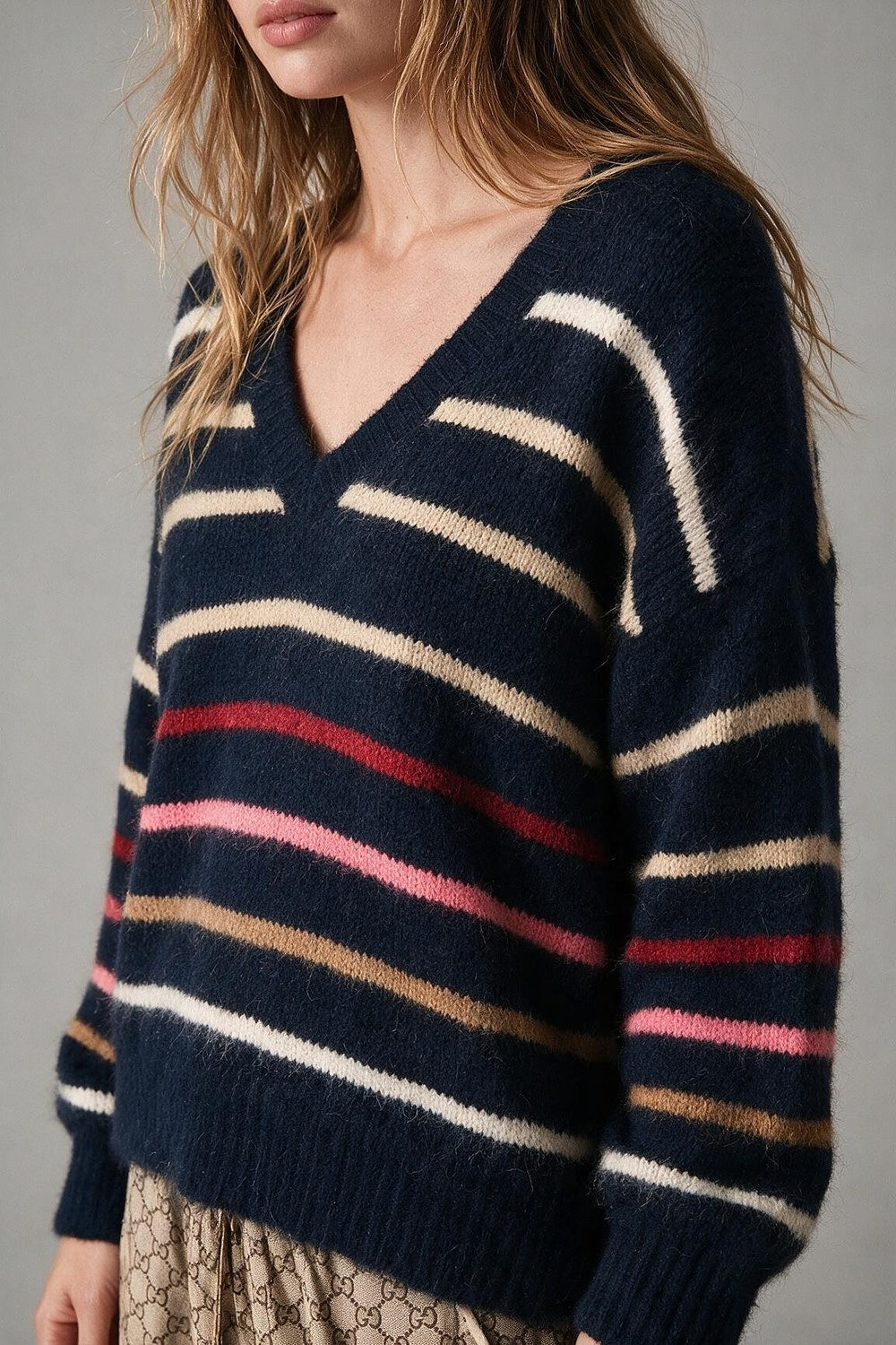 Navy Multicolor Fluffy Knit V-Neck Stripe Relaxed Sweater - Jumpers