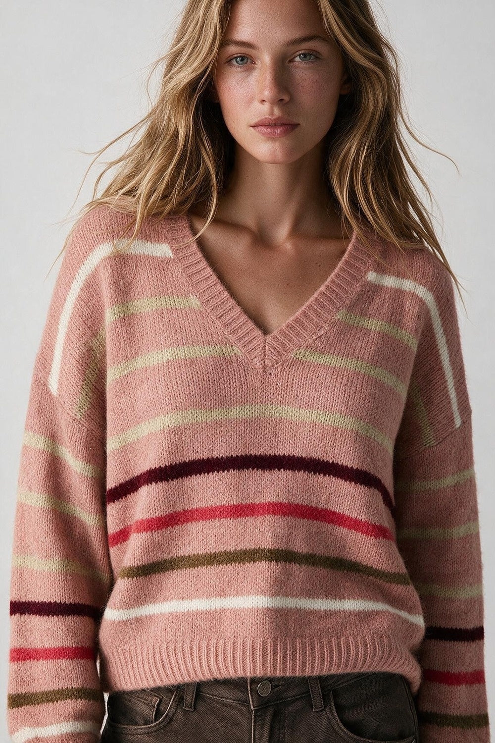 Pink Multicolor Fluffy Knit V-Neck Striped Relaxed jumper - Jumpers
