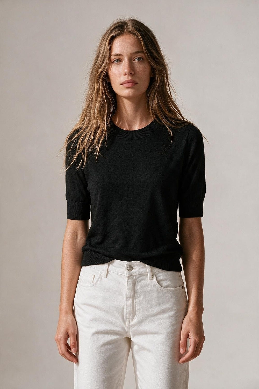 Black Merino Wool Blend Fine Knit Crew Neck Ribbed Trim Sweater - Jumpers
