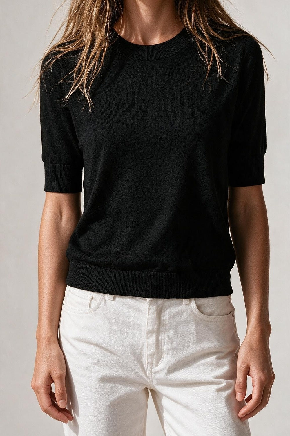 Black Merino Wool Blend Fine Knit Crew Neck Ribbed Trim Sweater - Jumpers