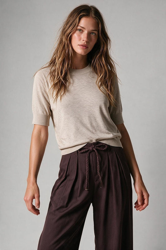 Beige Merino Wool Blend Fine Knit Crew Neck Ribbed Trim Sweater - Jumpers