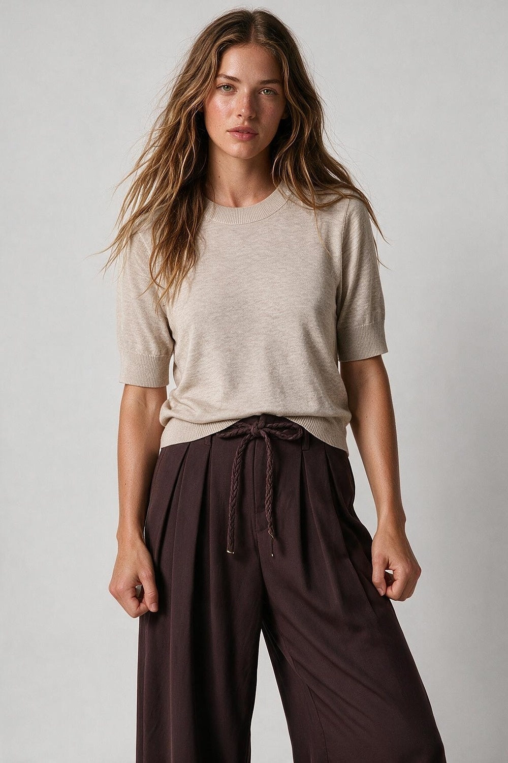 Beige Merino Wool Blend Fine Knit Crew Neck Ribbed Trim Sweater - Jumpers