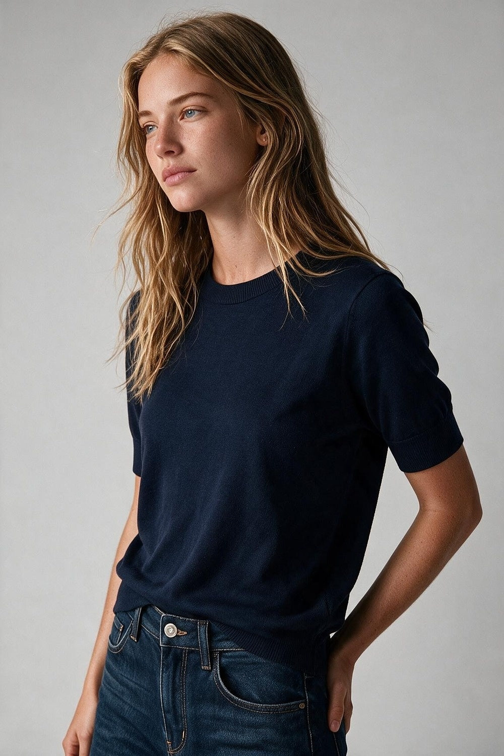 Navy Merino Wool Blend Fine Knit Ribbed Trim Short Sleeve Sweater - Jumpers