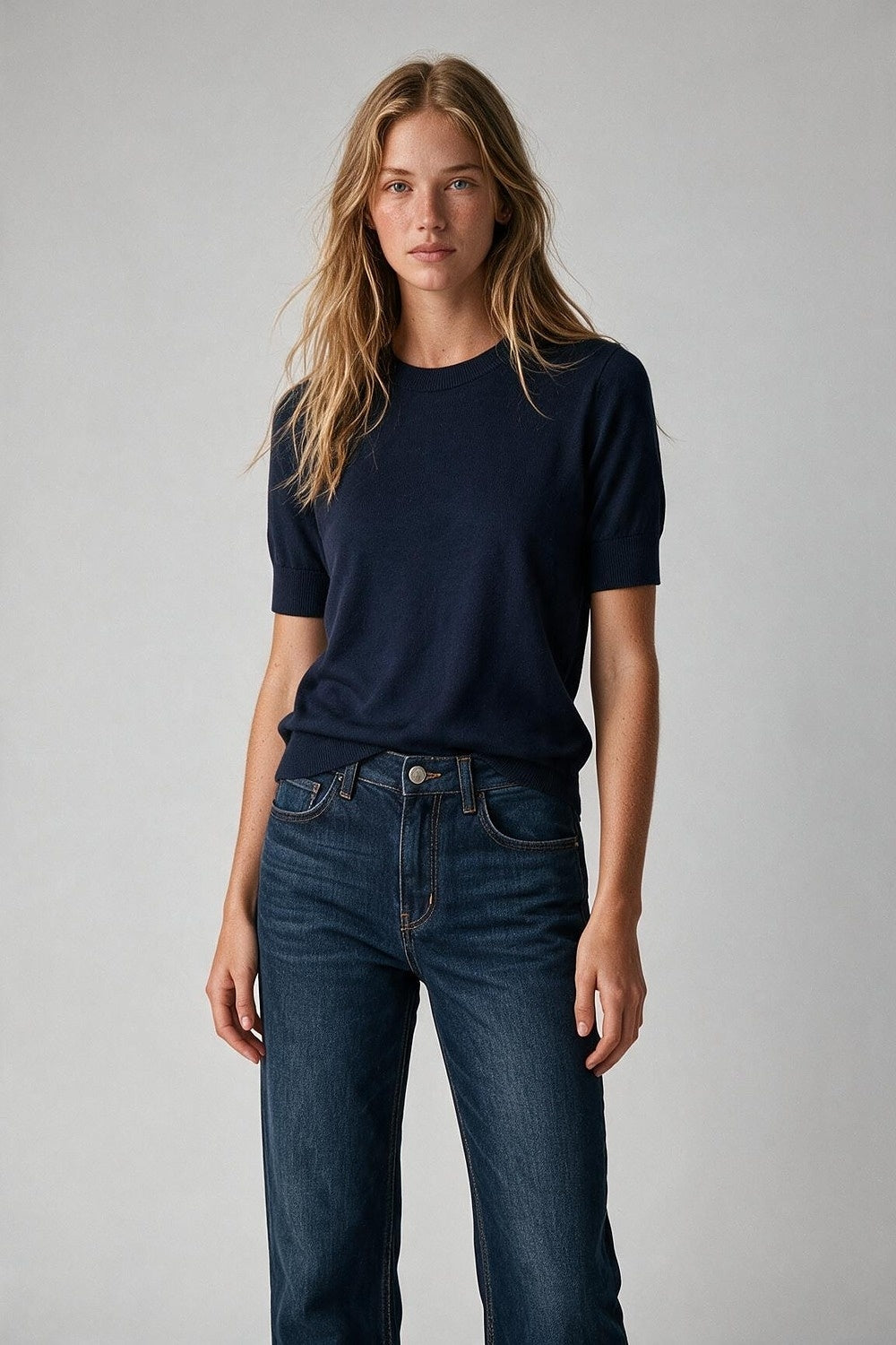 Navy Merino Wool Blend Fine Knit Ribbed Trim Short Sleeve Sweater - Jumpers