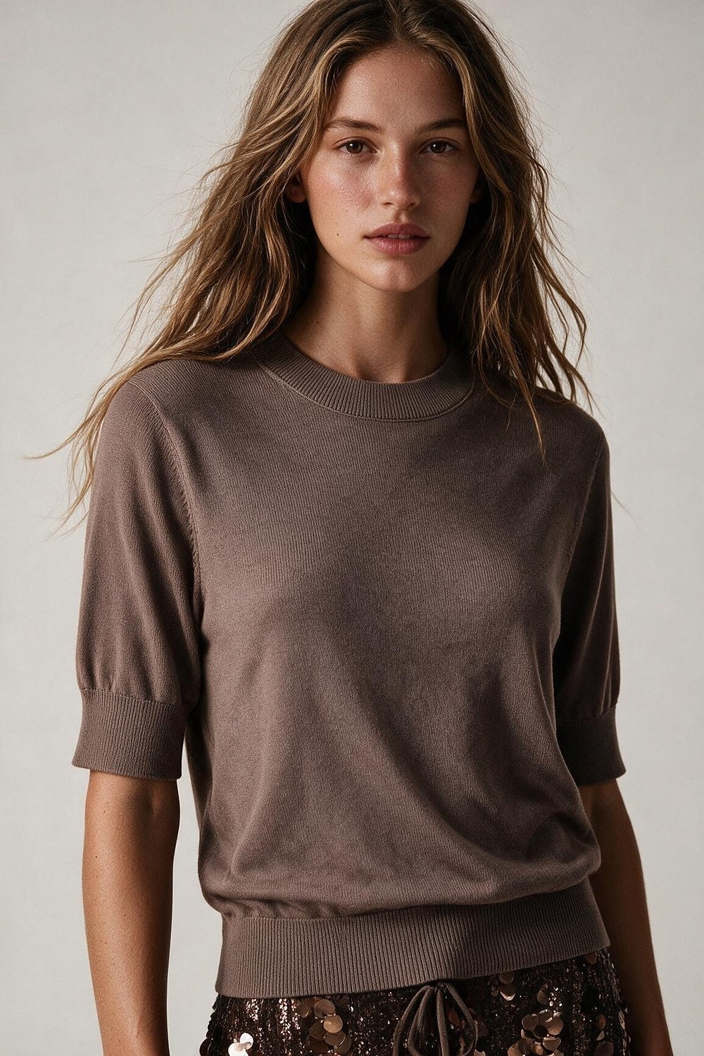 Powder Pink Merino Wool Blend Fine Knit Crew Neck Ribbed Trim Sweater - Jumpers