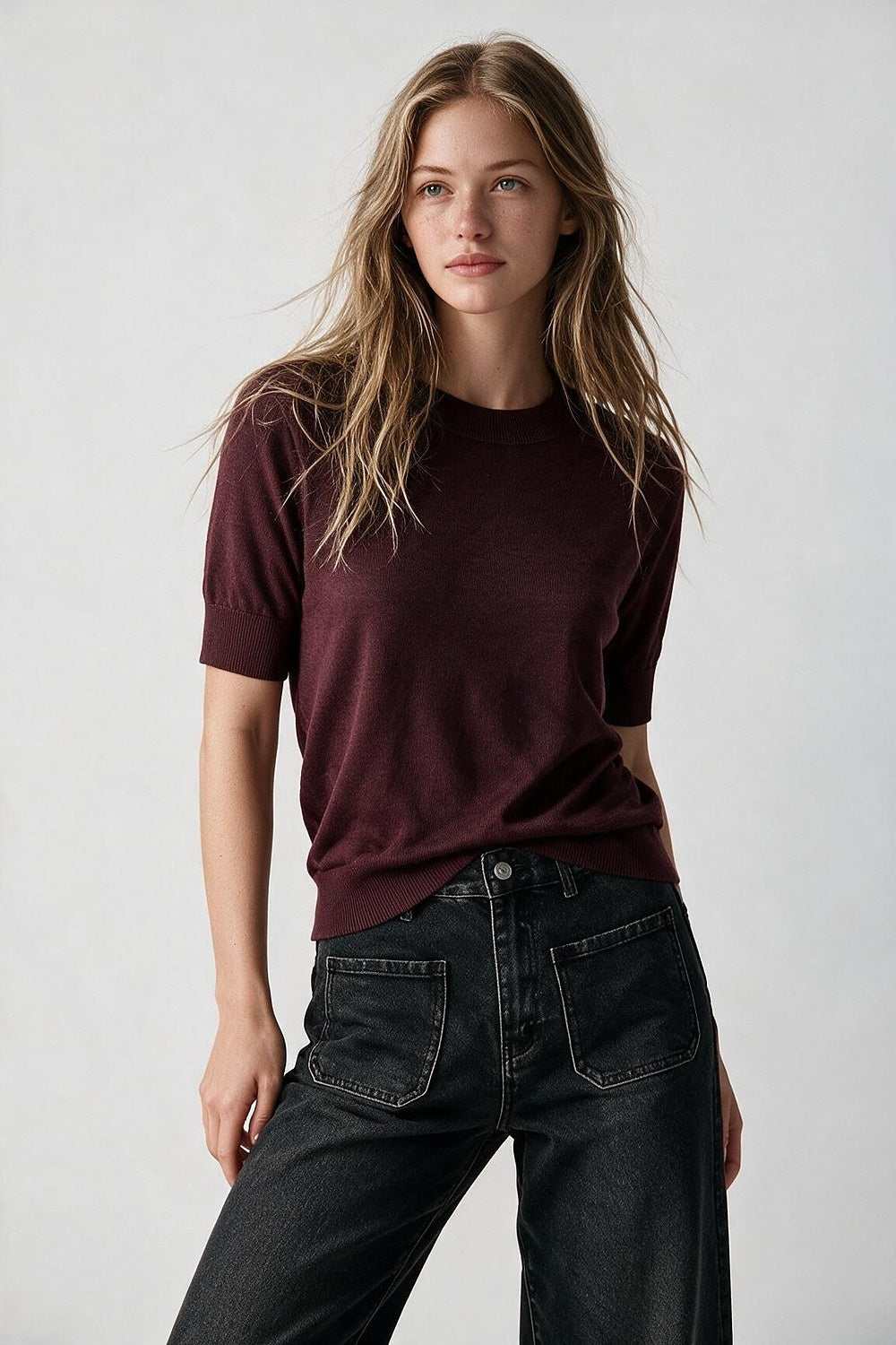 Purple Merino Wool Blend Fine Knit Crew Neck Short Sleeve Ribbed Trim Sweater - Jumpers