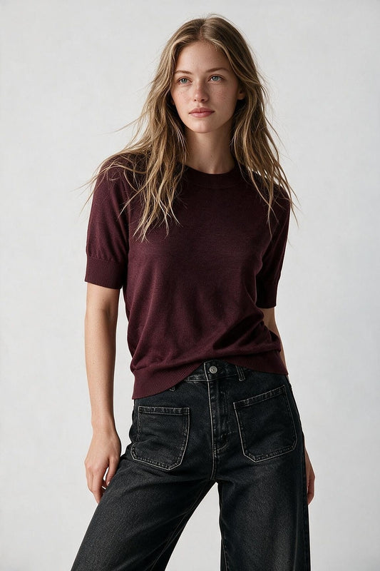 Purple Merino Wool Blend Fine Knit Crew Neck Short Sleeve Ribbed Trim Sweater - Jumpers