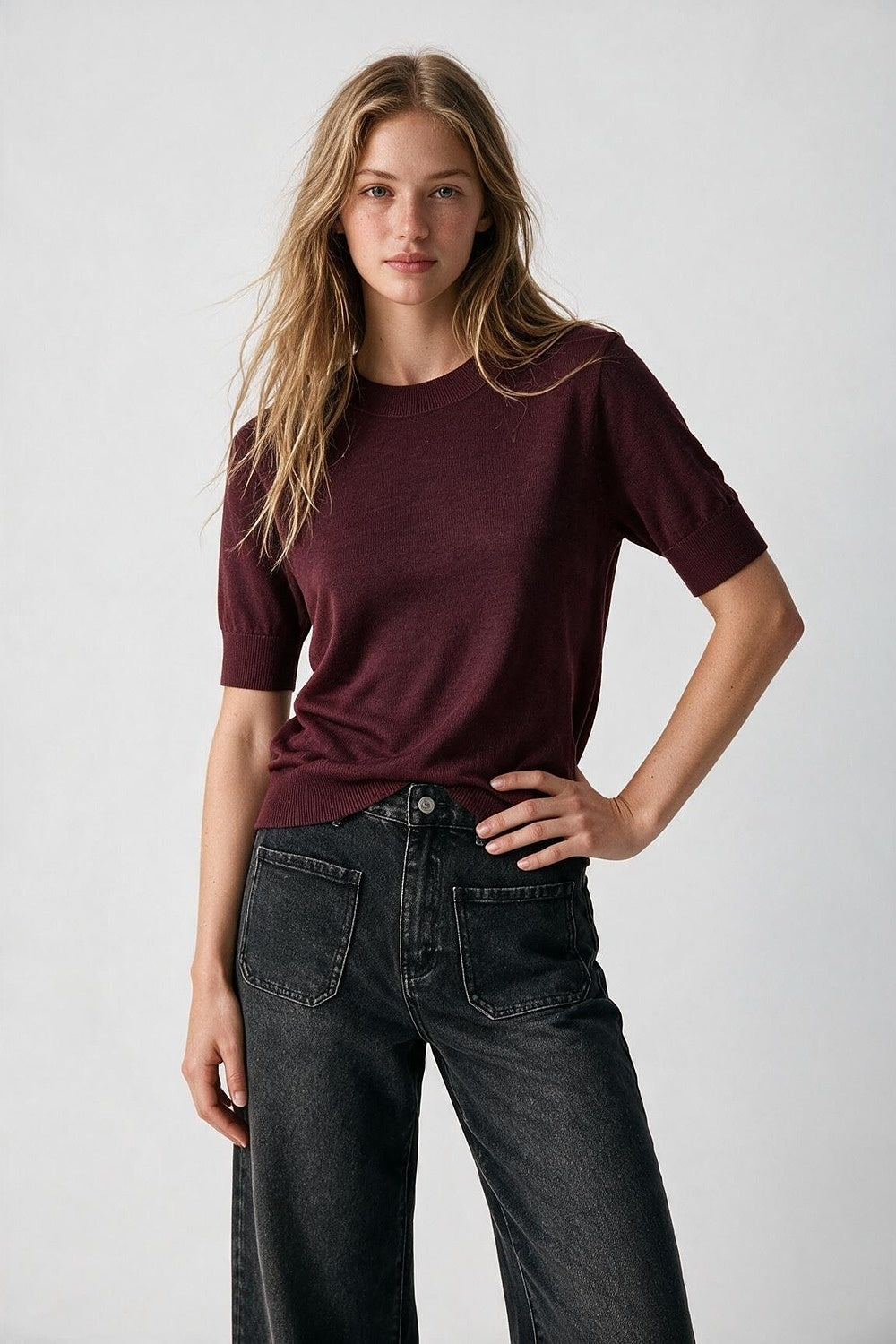 Purple Merino Wool Blend Fine Knit Crew Neck Short Sleeve Ribbed Trim Sweater - Jumpers