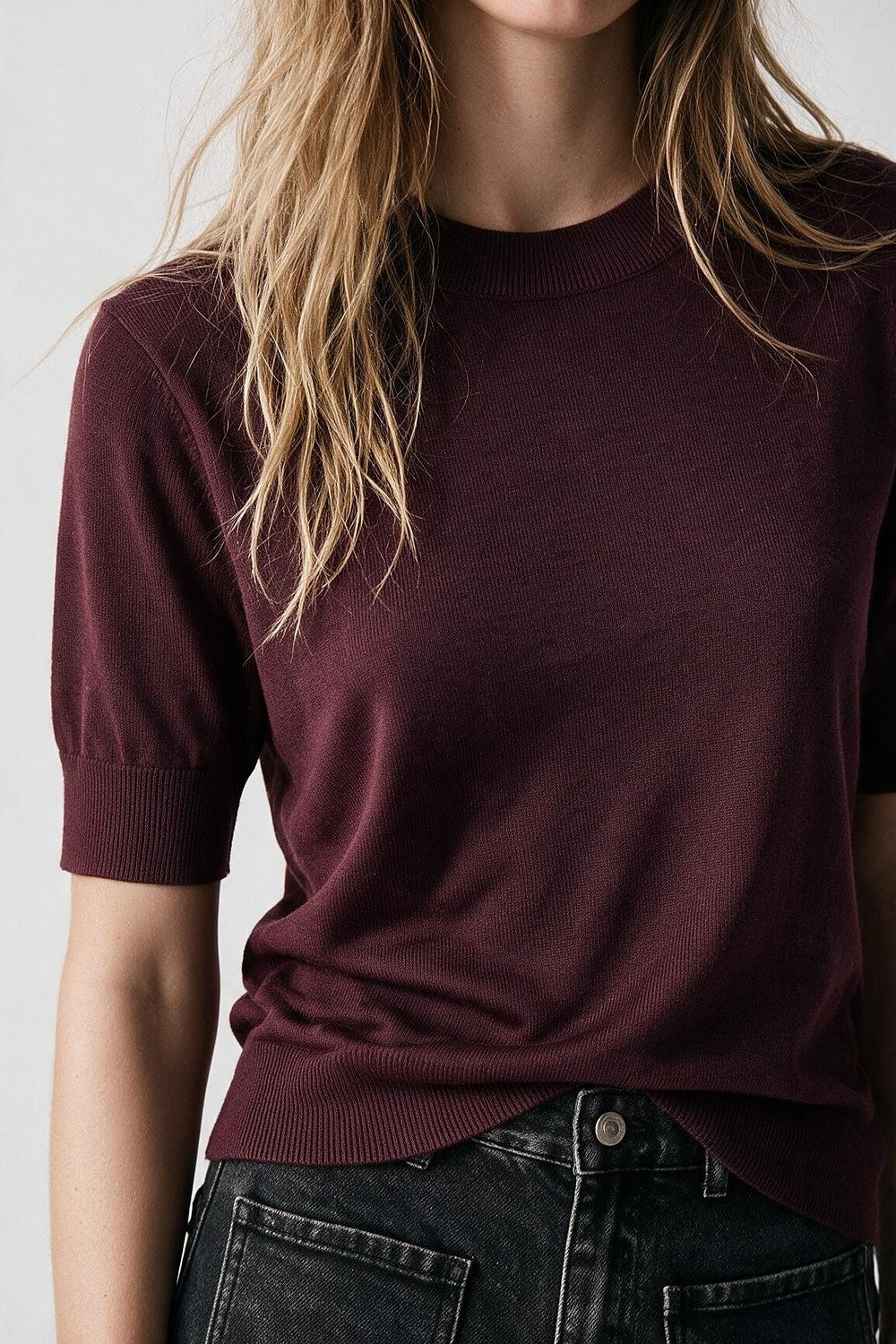 Purple Merino Wool Blend Fine Knit Crew Neck Short Sleeve Ribbed Trim Sweater - Jumpers