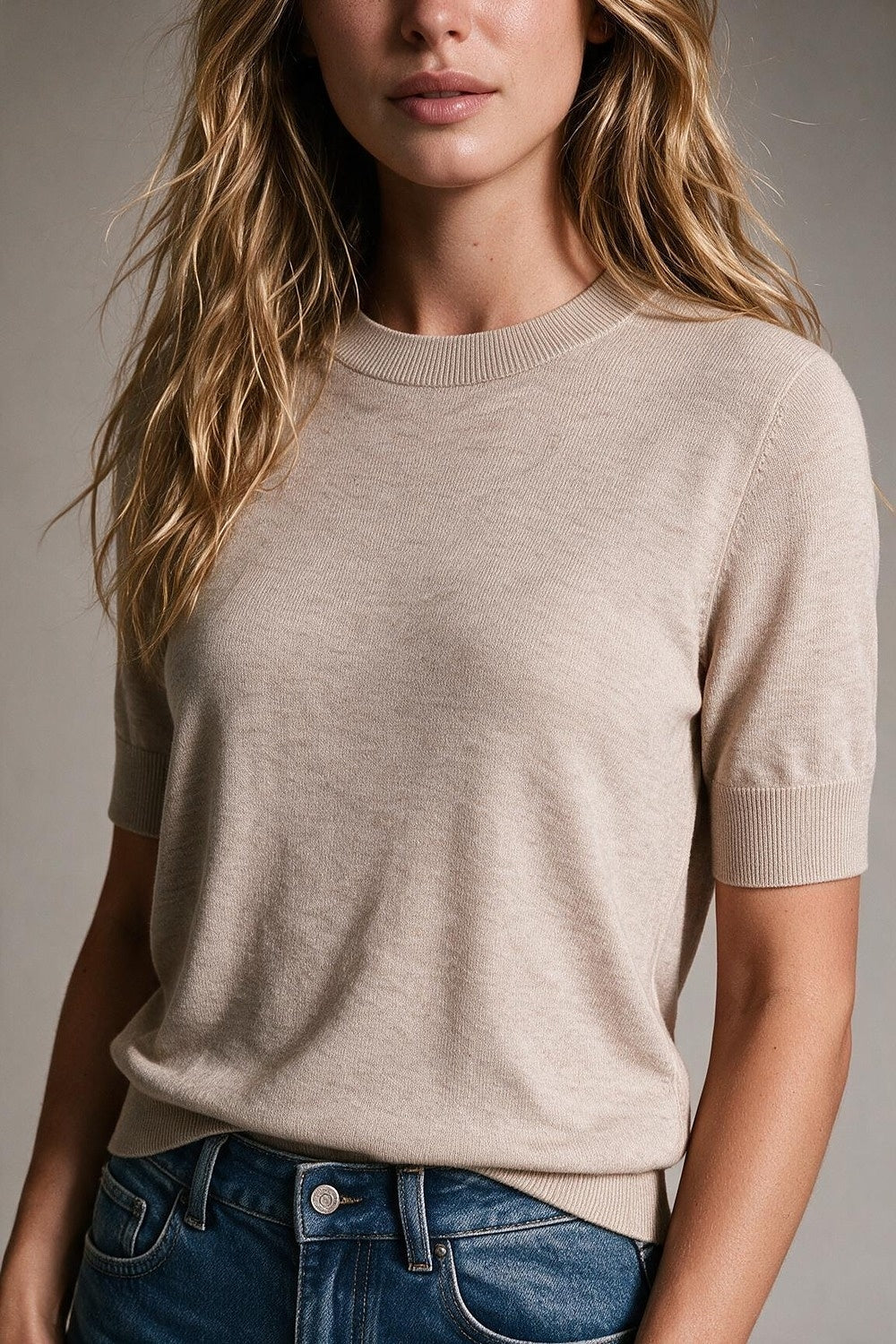 Fango Merino Wool Blend Fine Knit Ribbed Crew Neck Short Sleeve Sweater - Jumpers
