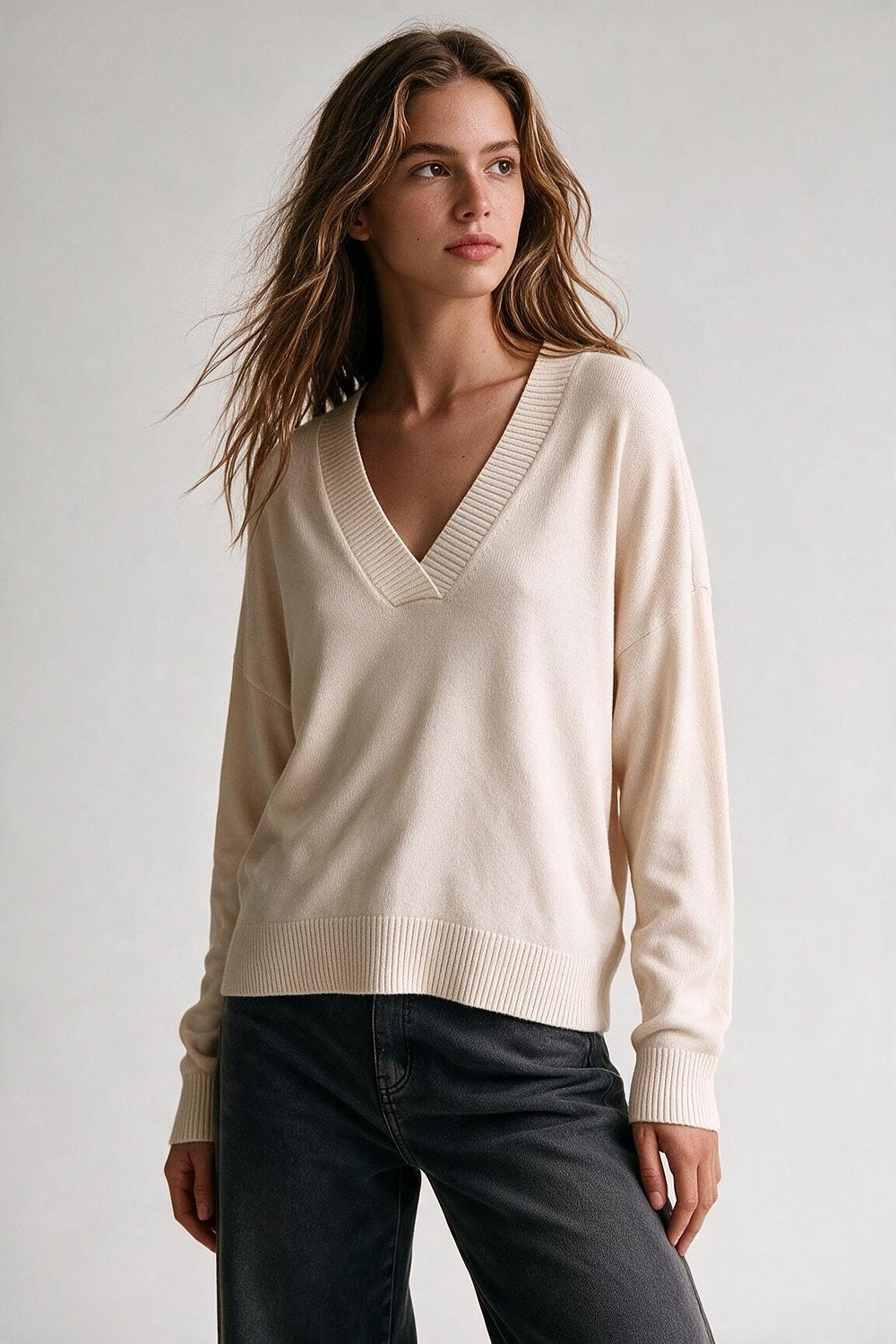 Beige Soft Knit Wide V Neck Rib Trim Relaxed Sweater - Jumpers
