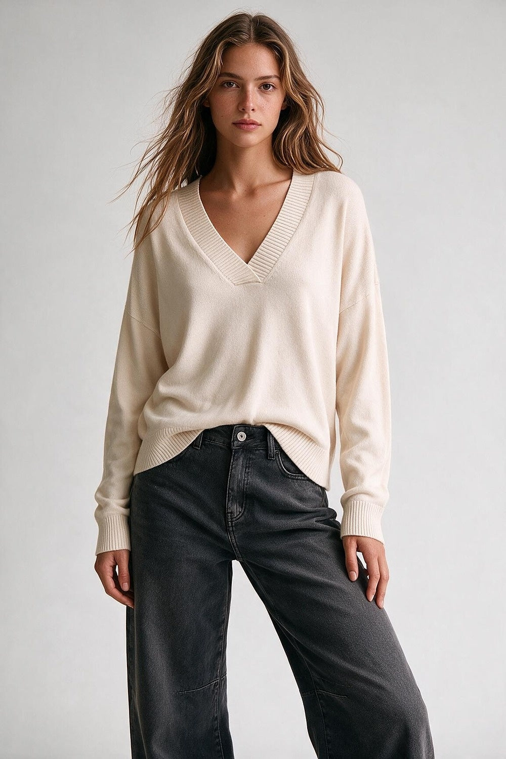 Beige Soft Knit Wide V Neck Rib Trim Relaxed Sweater - Jumpers