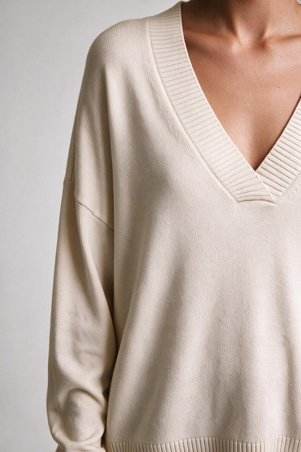 Beige Soft Knit Wide V Neck Rib Trim Relaxed Sweater - Jumpers