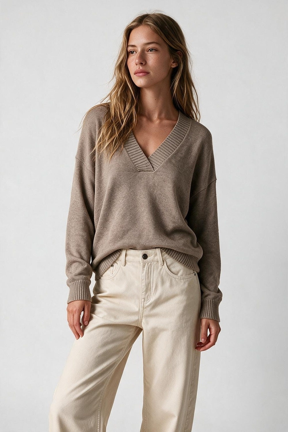 Camel Warm Knit Wide V-Neck Jumper - Jumpers