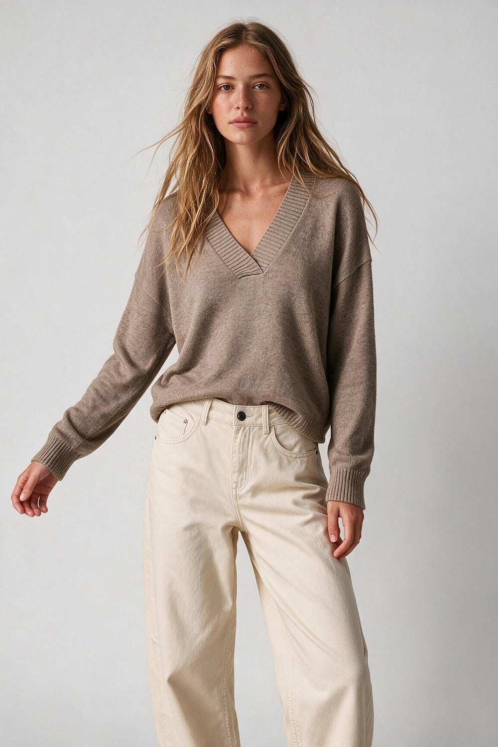Camel Warm Knit Wide V-Neck Jumper - Jumpers