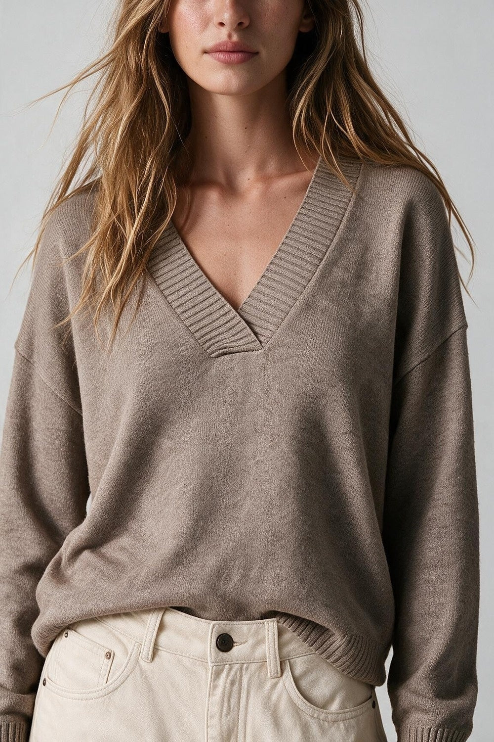 Camel Warm Knit Wide V-Neck Jumper - Jumpers