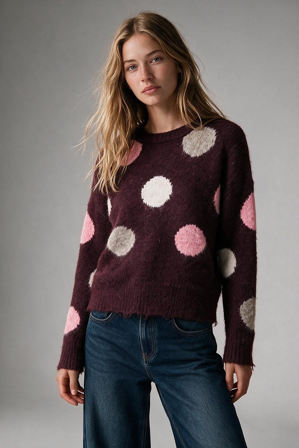 Burgundy Polka-dot Fluffy Knit Crew Neck Regular Fit Sweater - Jumpers