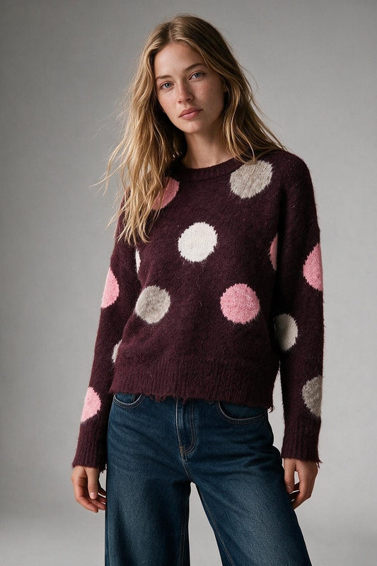 Burgundy Polka-dot Fluffy Knit Crew Neck Regular Fit Sweater - Jumpers