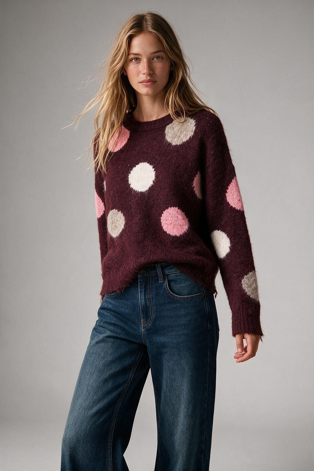 Burgundy Polka-dot Fluffy Knit Crew Neck Regular Fit Sweater - Jumpers