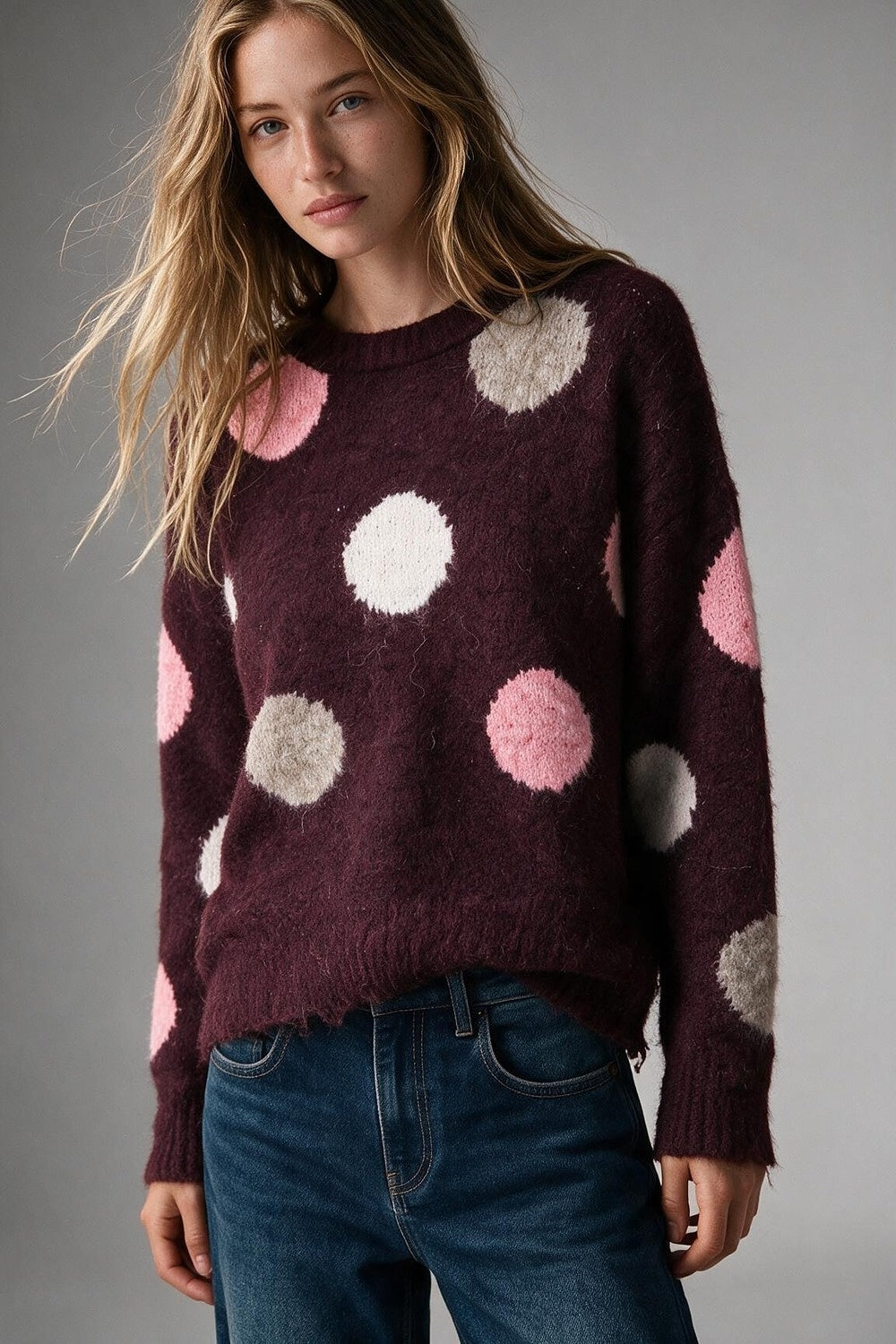 Burgundy Polka-dot Fluffy Knit Crew Neck Regular Fit Sweater - Jumpers