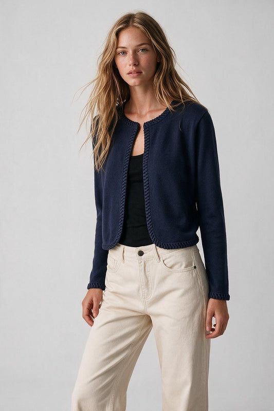 Navy Fine Knit Contrast Seam Cropped Open Front Cardigan - Cardigans