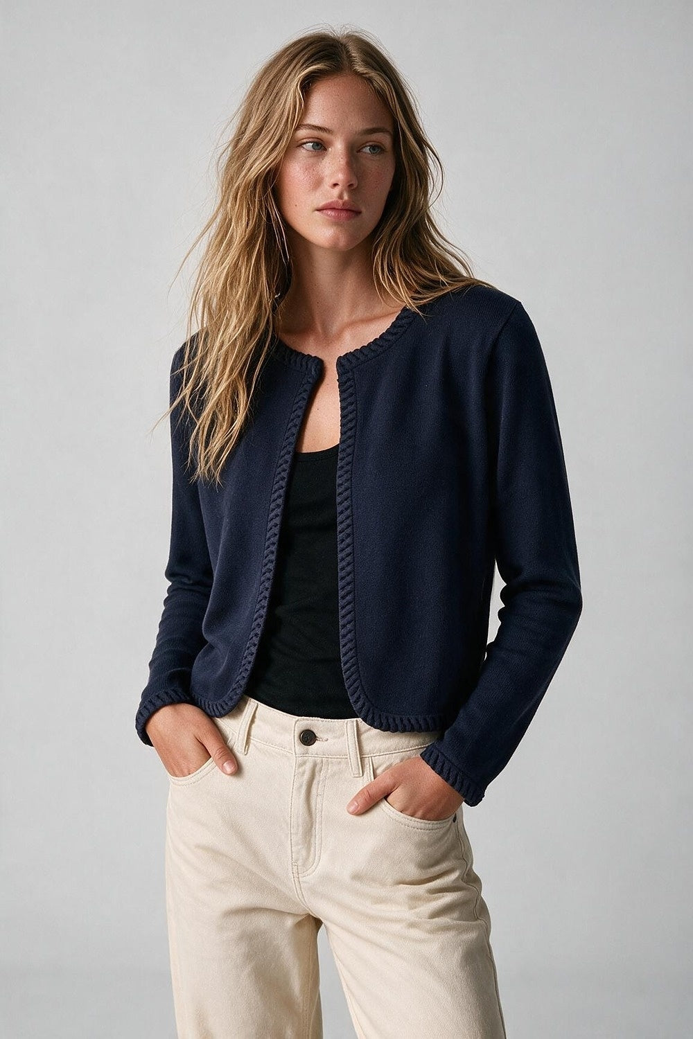 Navy Fine Knit Contrast Seam Cropped Open Front Cardigan - Cardigans