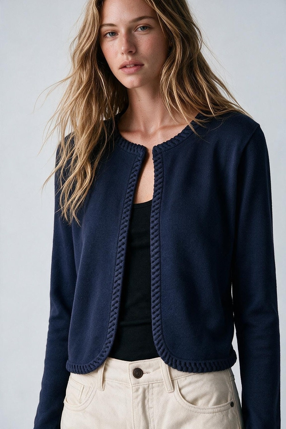 Navy Fine Knit Contrast Seam Cropped Open Front Cardigan - Cardigans