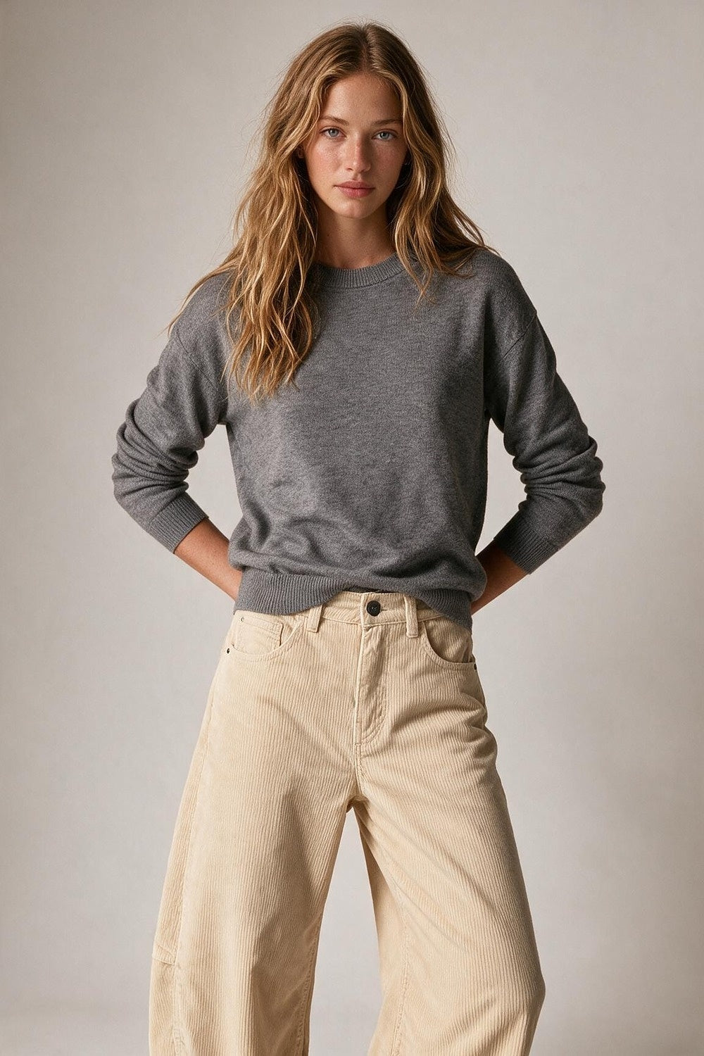 grey Merino Wool Blend Fine Knit Crew Neck Sweater - Jumpers