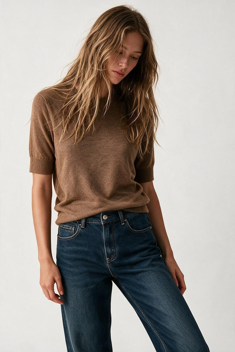 Camel Merino Wool Blend Fine Knit Crew Neck Short Sleeve Sweater - Jumpers