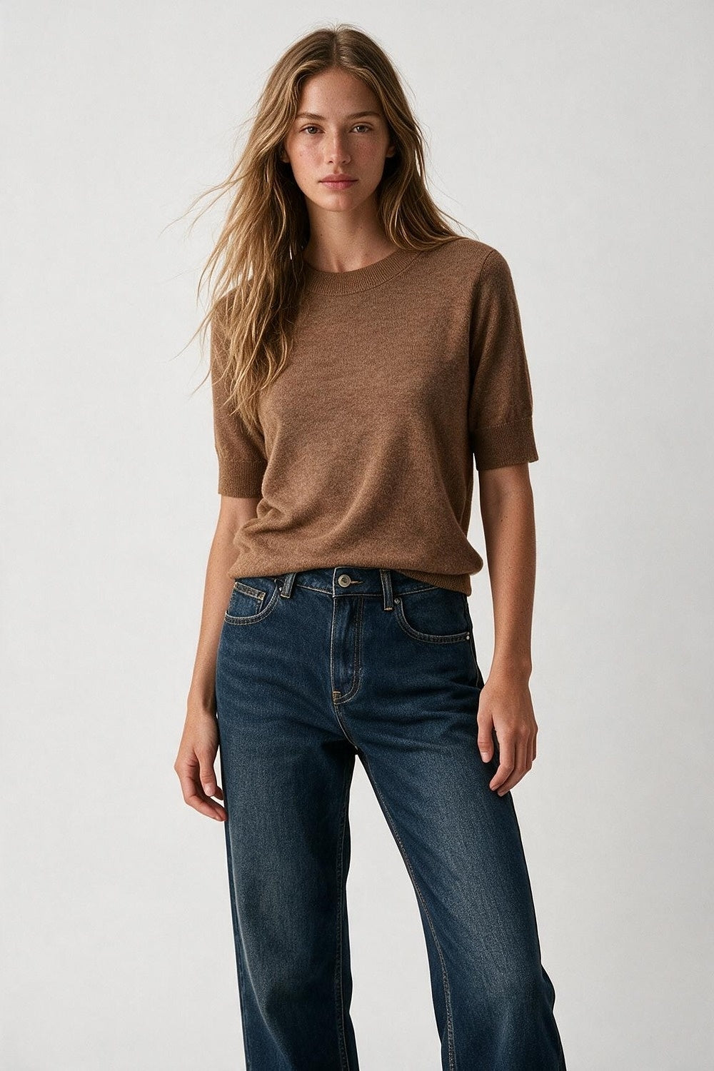 Camel Merino Wool Blend Fine Knit Crew Neck Short Sleeve Sweater - Jumpers