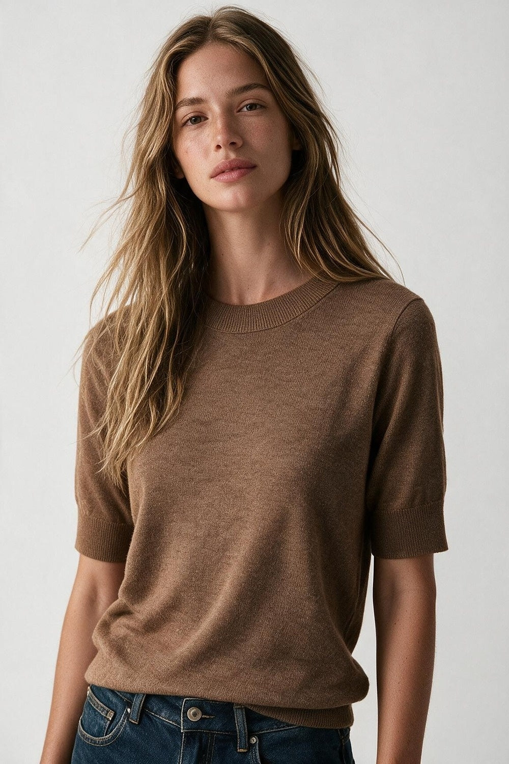 Camel Merino Wool Blend Fine Knit Crew Neck Short Sleeve Sweater - Jumpers