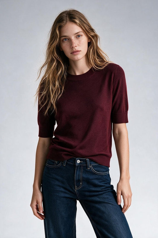 Wine Merino Wool Blend Fine Knit Ribbed Crew Neck Short Sleeves Sweater - Jumpers
