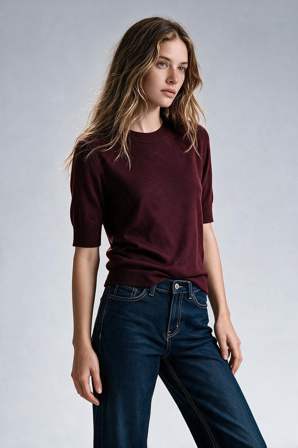 Wine Merino Wool Blend Fine Knit Ribbed Crew Neck Short Sleeves Sweater - Jumpers
