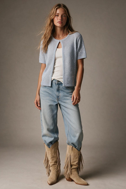 Light Blue Sequined Pointelle Short Sleeve Cardigan - cardigan